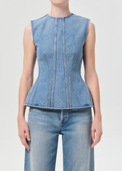 AGOLDE Corbin Denim Shell, sleeveless silhouette with structured seam detailing and a subtle peplum shape, fun top, women's clothing