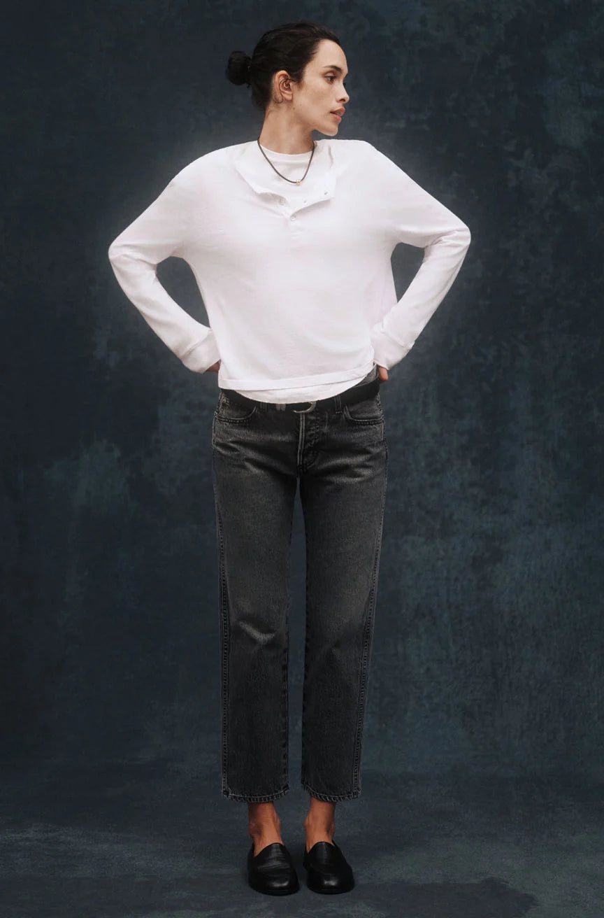 AMO 143 Jean in exposure, mid rise cropped denim jeans, clean denim, women's clothing