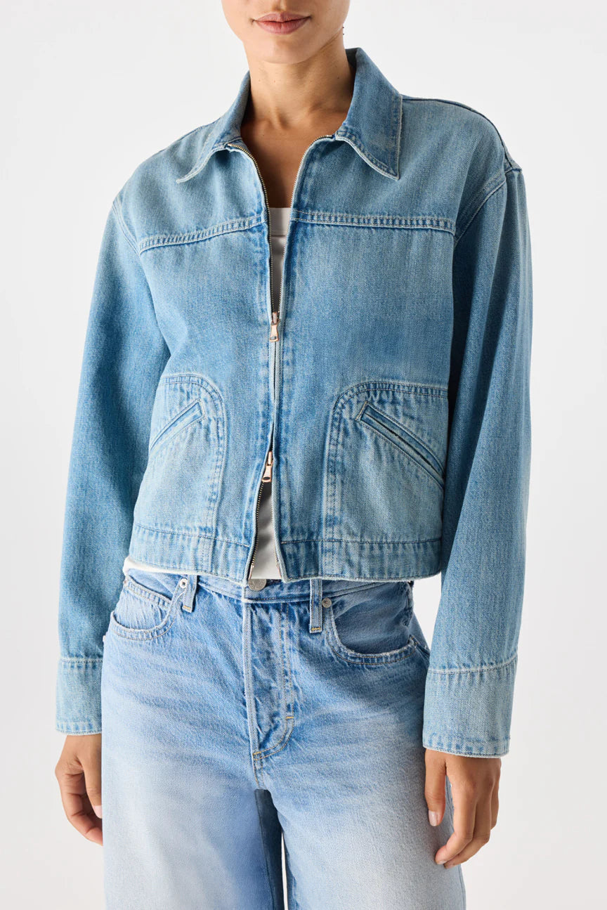AMO Mandy Jacket A slim-fit denim moto jacket featuring a zip front and streamlined zipped pockets, denim jacket, jean jacket, women's clothing