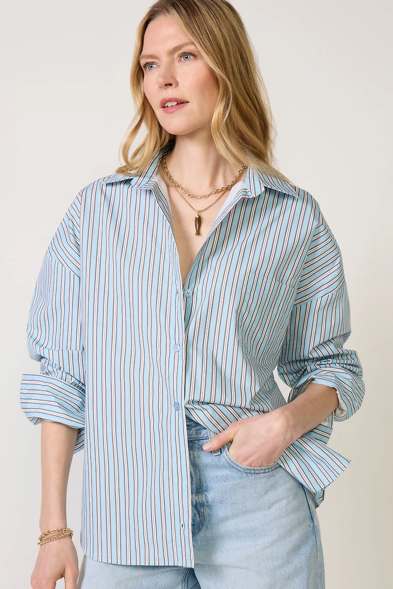 ASHER Karis Button Down, A classic wardrobe essential, the Karis striped button-down shirt by ASHER features a relaxed, menswear-inspired silhouette with dropped shoulders and a left chest pocket, women's clothing