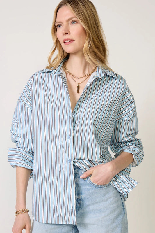 ASHER Karis Button Down, A classic wardrobe essential, the Karis striped button-down shirt by ASHER features a relaxed, menswear-inspired silhouette with dropped shoulders and a left chest pocket, women's clothing