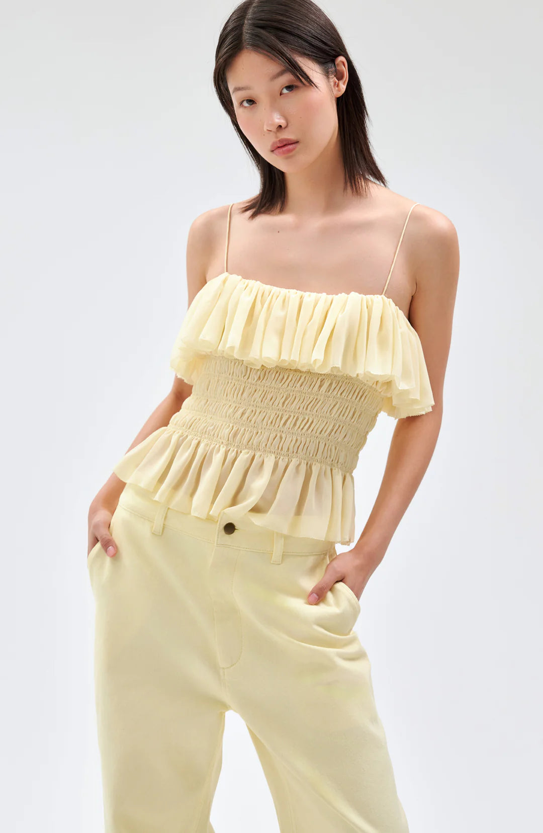 Ronny Kobo Alexi Top, rouched and ruffle top, spaghetti strap top, sleeveless top, women's clothing