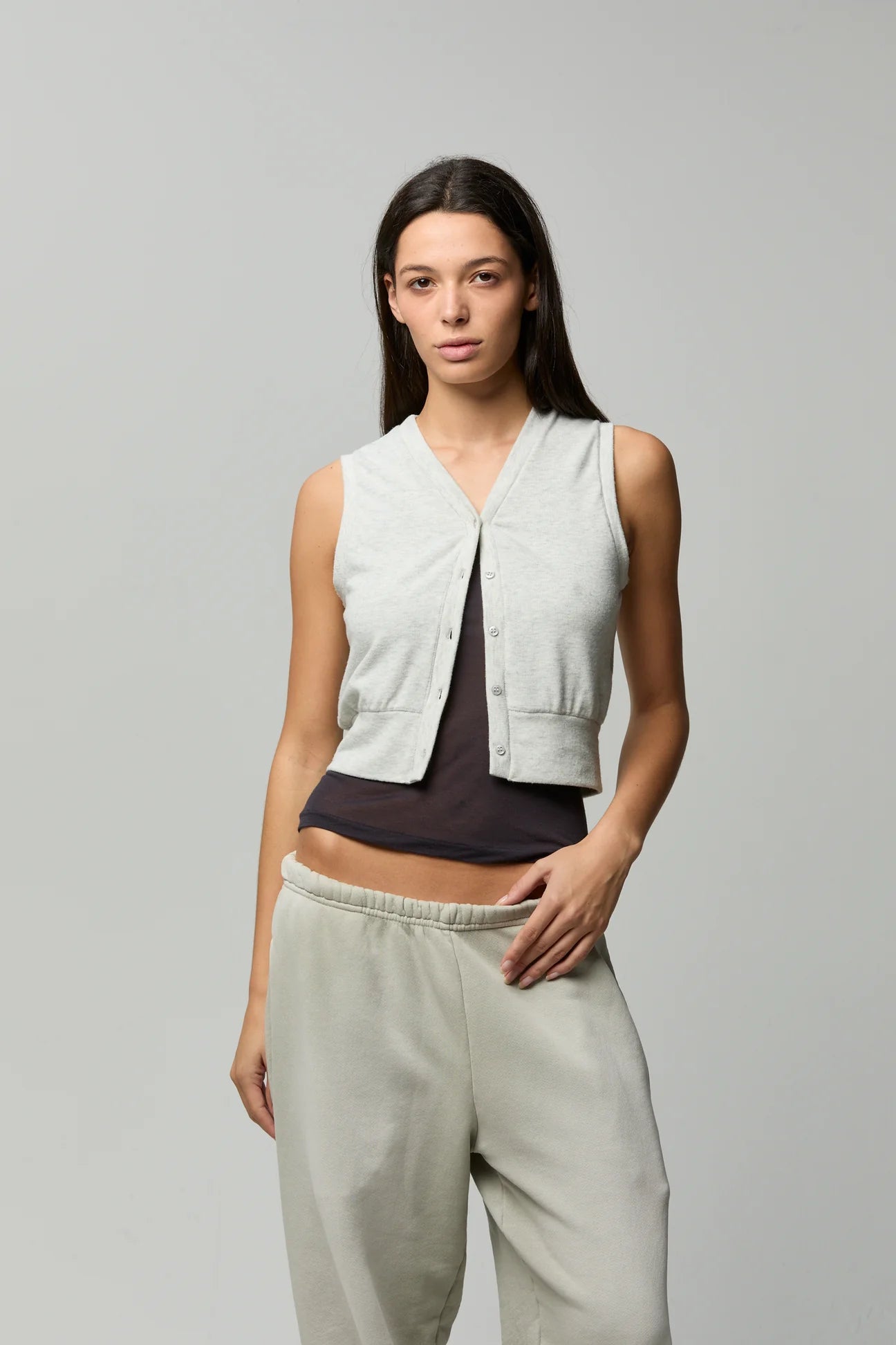 Ashet Vida Vest, slim but boxy, shrunken fit vest with a button-front. sweater jersey material, vest, women's clothing