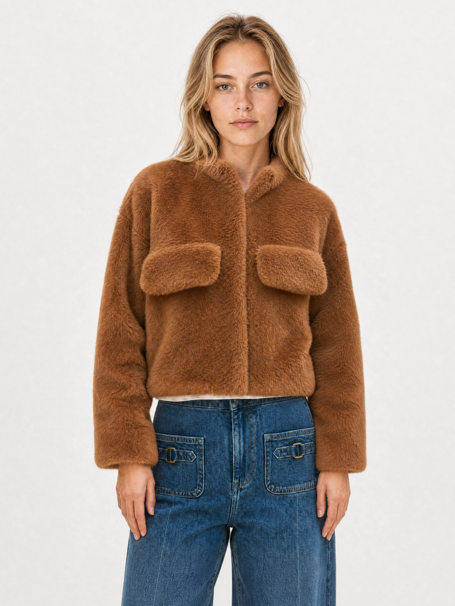 Berenice Gemini Coat, a cropped, brown faux-fur jacket, outerwear, women's jackets