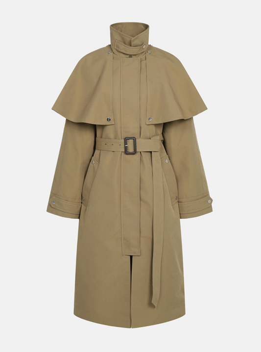 Berenice Georgia Trench, A mid-length tan trench coat with a high stand collar, dramatic shoulder flaps, a matching waist belt with a rectangular buckle, and front patch pockets, shown on a plain light gray background.