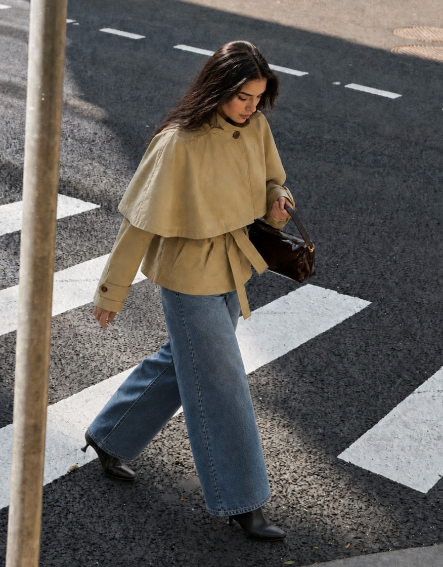 Berenice Trench Cape, beige cape-sleeve wrap jacket, trench coat, outerwear, women's jackets