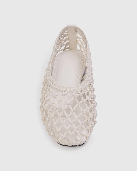 Black Suede Studio Sonia Flat, Almond shaped toe ballerina with handwoven leather detail. Made with smooth buffed leather.