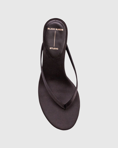 Black Suede Studio Tash 50: round toe thong slipper mule, set on a curved low heel. Made with crepe satin, women's shoes