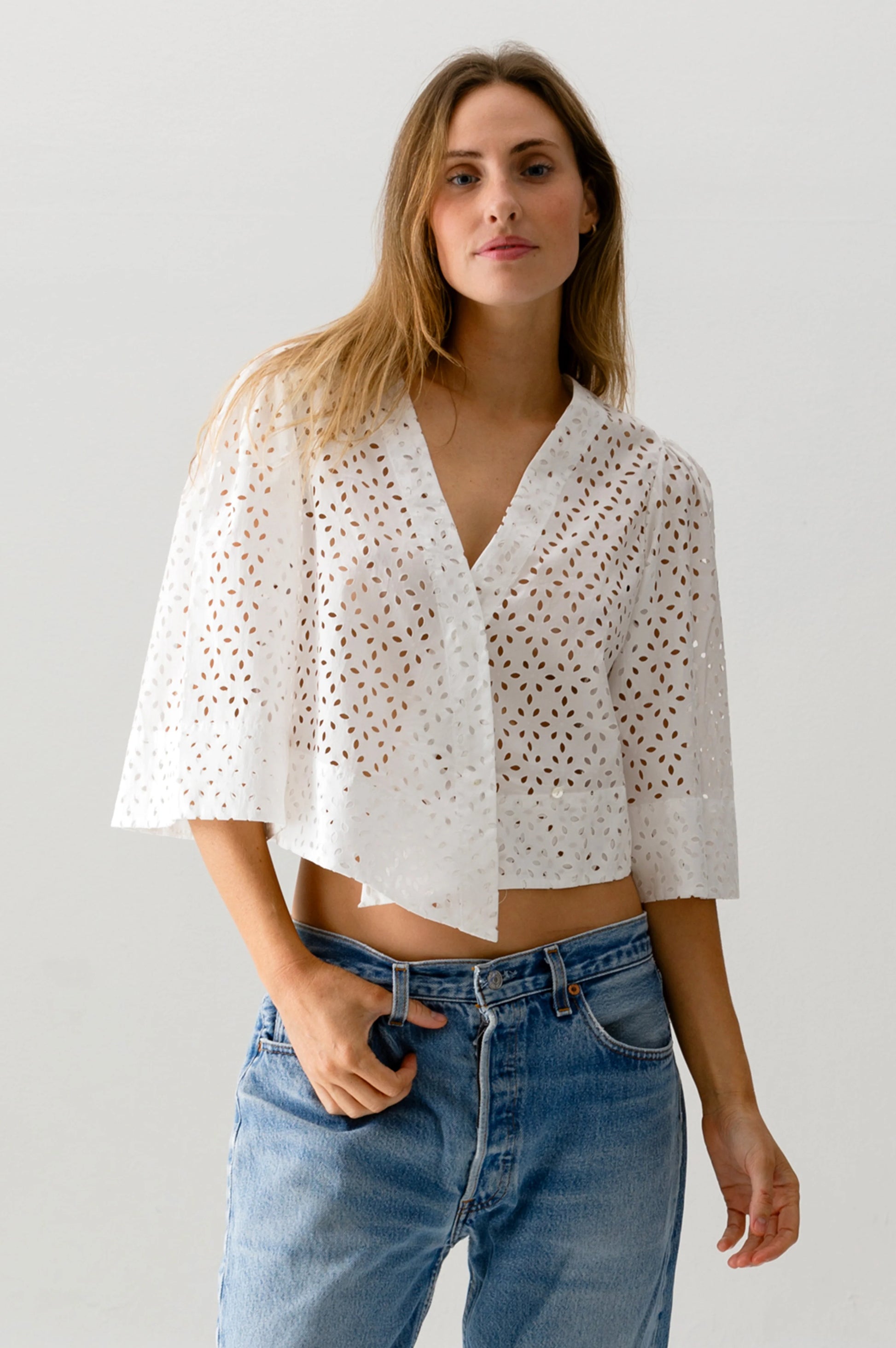 Cissa The Lady, 3/4 sleeve top, white shirt, fun top, eyelet white shirt, button down, women's clothing