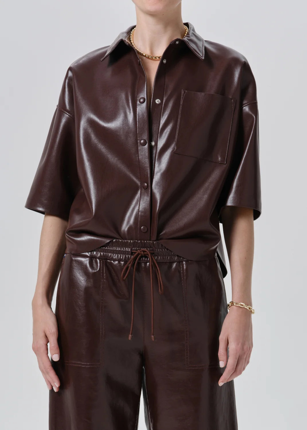 Citizens of Humanity Frances Leather Cape Button Up, leather cropped shirt with a boxy silhouette made with midweight vegan leather, women's clothing