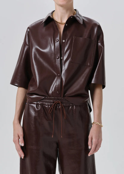 Citizens of Humanity Frances Leather Cape Button Up, leather cropped shirt with a boxy silhouette made with midweight vegan leather, women's clothing