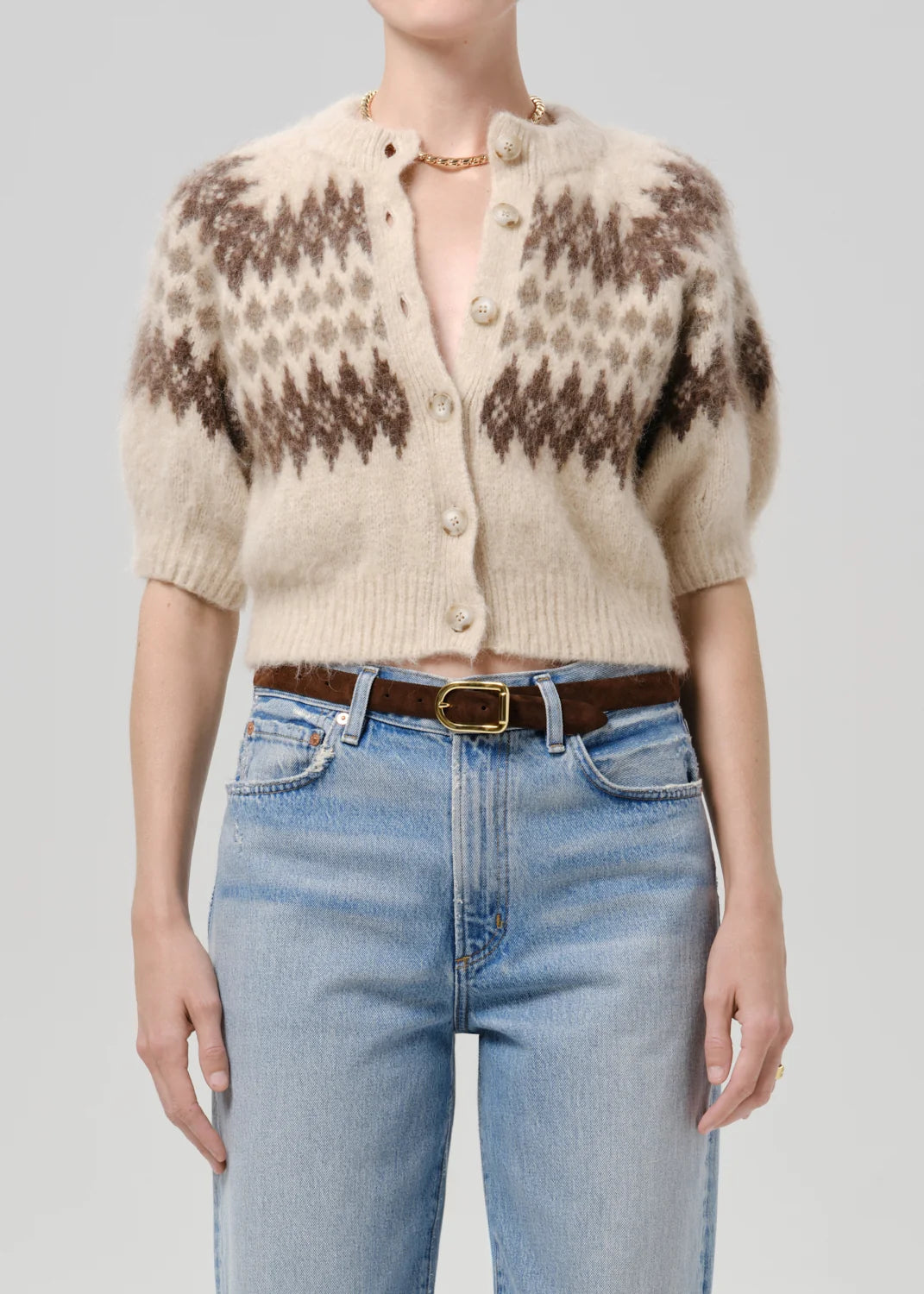 Citizens of Humanity Molly Fairisle Cardigan, Puff Sleeve Cardigan has a cropped, softly structured silhouette with button-front closure and puff sleeves. Crafted from a soft wool blend, women's clothing