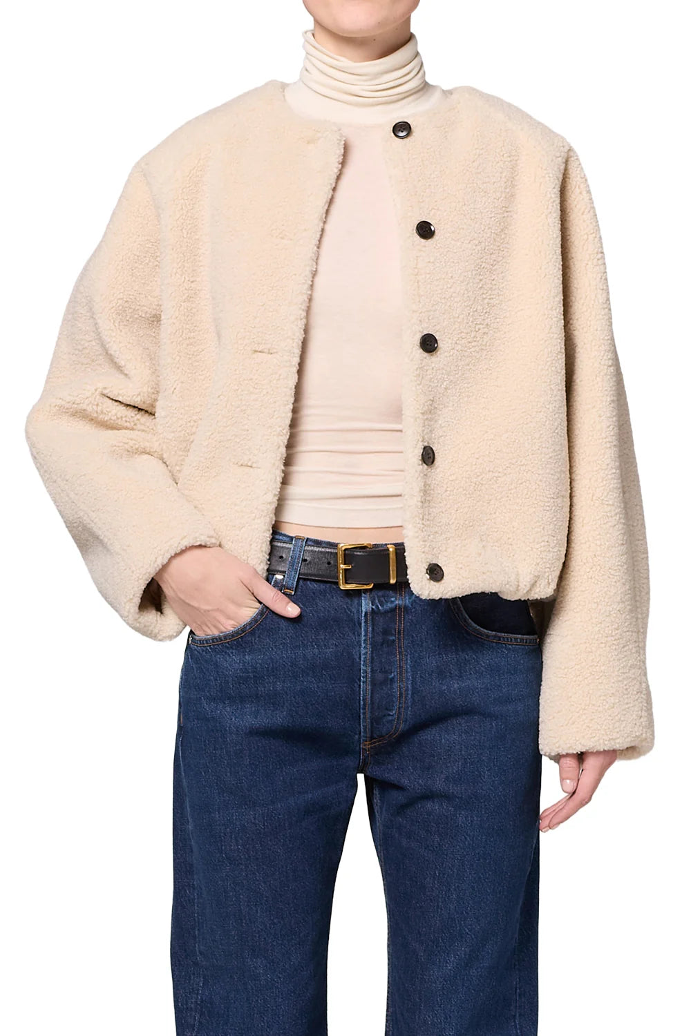 Citizens of Humanity Sherpa Indoor Bomber, cropped, cream-colored teddy fleece jacket, bomber jacket, indoor jacket, women's clothing