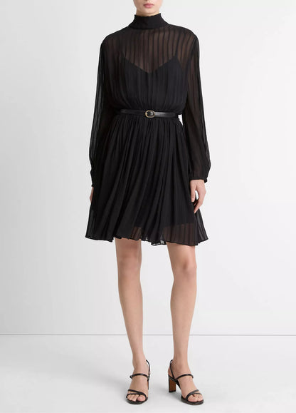 Vince Crinkle Stripe Mock Neck LS Dress, black dress, dressy, long sleeved dress, women's clothing