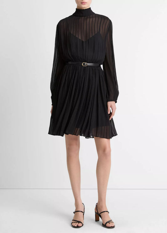 Vince Crinkle Stripe Mock Neck LS Dress, black dress, dressy, long sleeved dress, women's clothing
