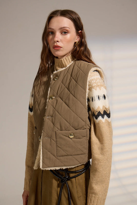 Deluc Jam Reversible Vest, One side is quilted nylon and the reverse side is made from soft faux shearling, vest, women's outerwear
