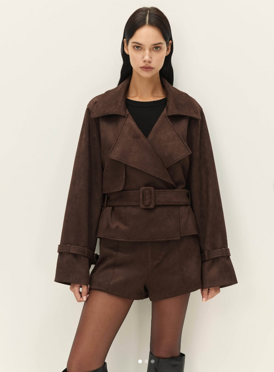 Elodie Marais Faux Suede Cropped Trench, short trench coat, trench coat, women's outerwear