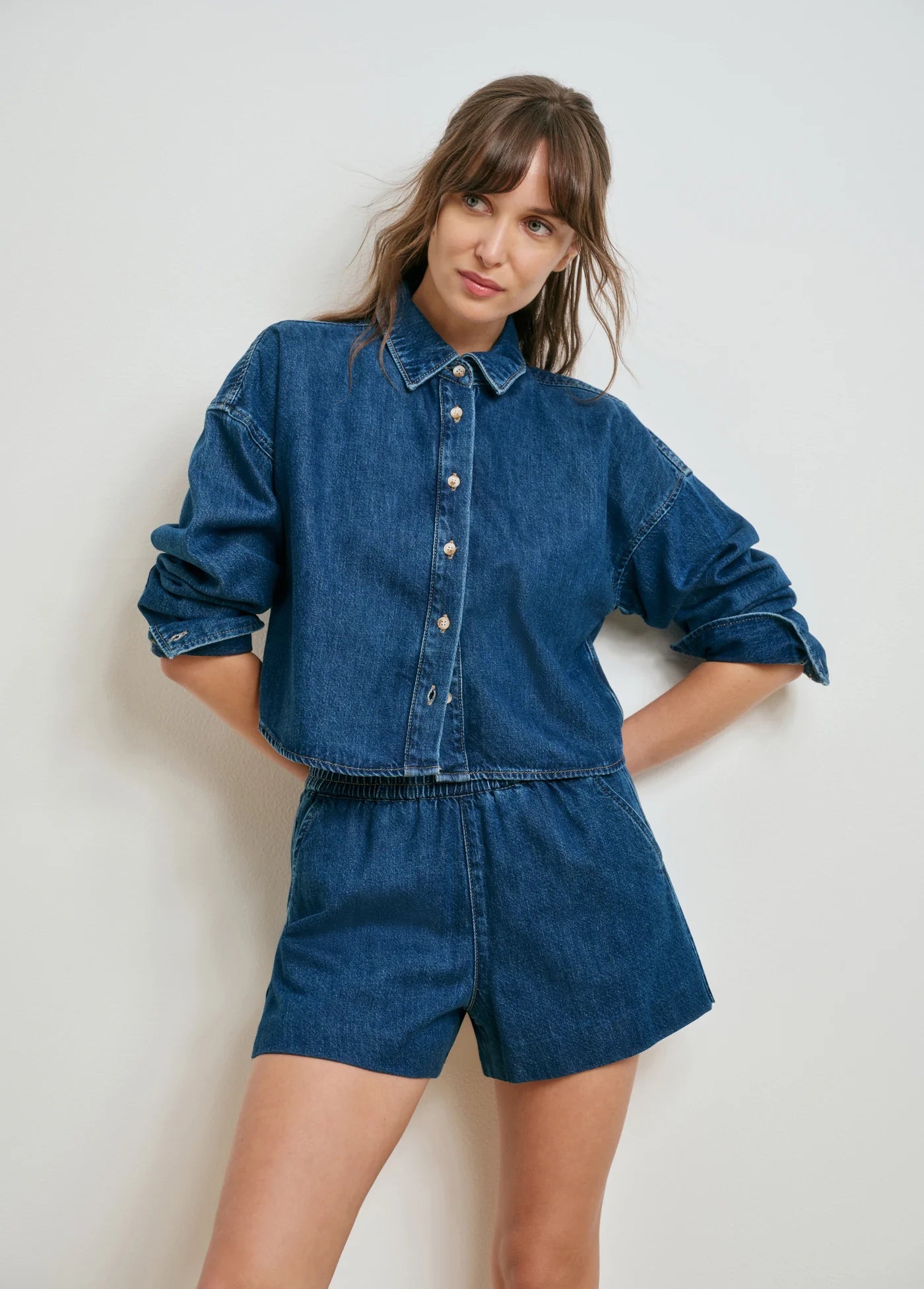 Favorite Daughter The Cropped Ex BoyFriend Shirt Deerfield, cropped button down shirt, denim shirt, long sleeved denim shirt, women's clothing