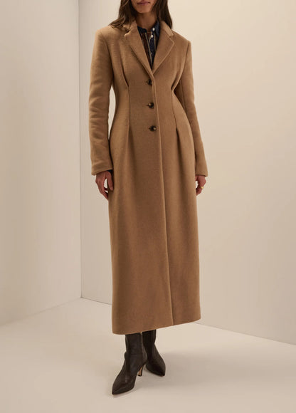 Favorite Daughter The Metropolitan Coat, long camel-colored wool coat with dark buttons, women's outerwear