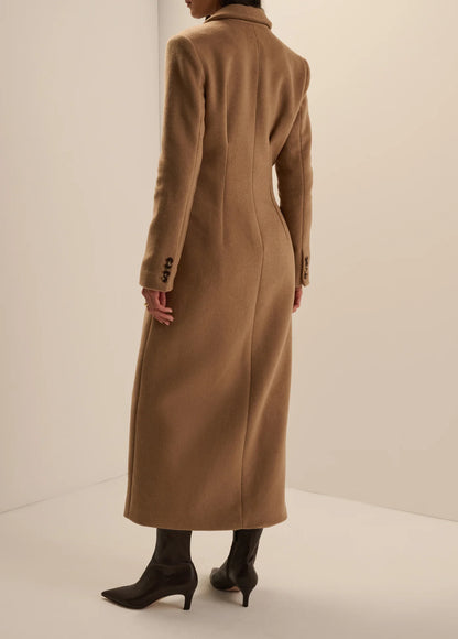 Favorite Daughter The Metropolitan Coat, long camel-colored wool coat with dark buttons, women's outerwear