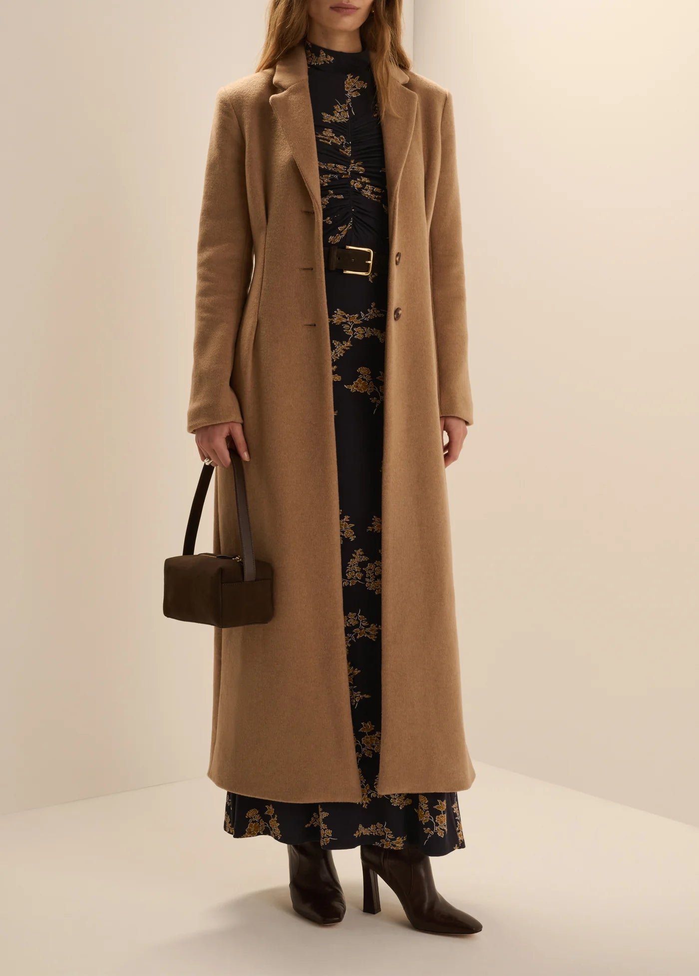 Favorite Daughter The Metropolitan Coat, long camel-colored wool coat with dark buttons, women's outerwear