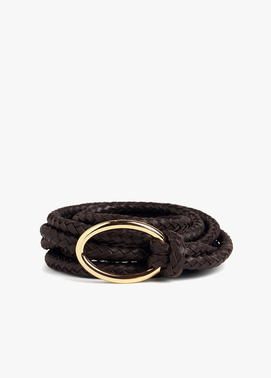 Favorite Daughter The Woven Knot Belt, brown leather woven belt with gold metal ring, ties at the waist or hips, women's accessories