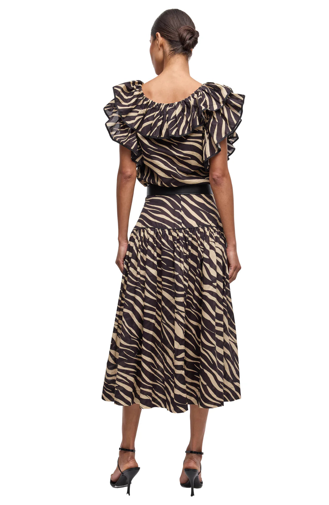 Ronny Kobo Feyre Skirt, midi skirt, brown and cream printed skirt, women's clothing, Woman wearing a zebra print skirt with ruffled top.