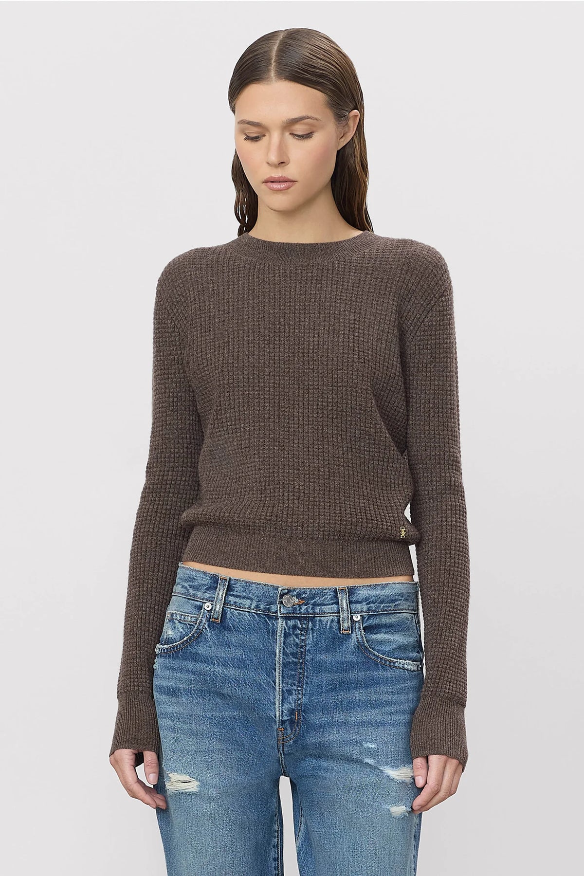 ÉTERNE Francis Sweater, textured waffle cashmere sweater, offering a slim fit and slightly cropped length, women's clothing