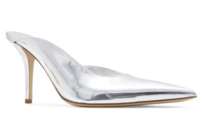 Gia Borghini Abella heel, slides, pointed toe heeled show, silver heels, silver shoes, women's shoes