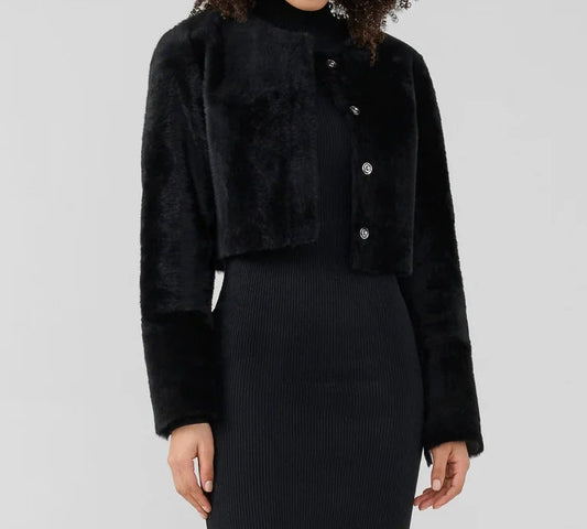 Grenn Pilot Lea Reversible Snap Front Jacket, shearling texture and Napa Leather, modern silhouette, cropped leather jacket, women's outerwear