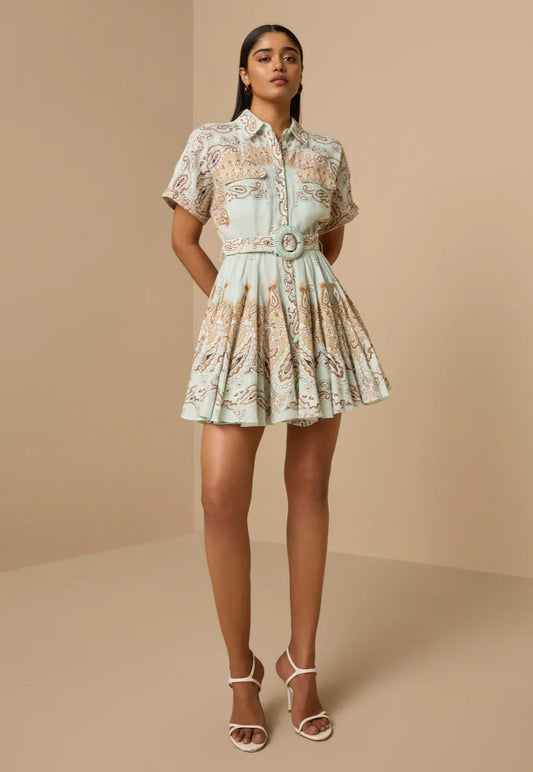 Hemant & Nandita Short Dress with Buckle Belt, dress, short dress, resort wear, women's clothing