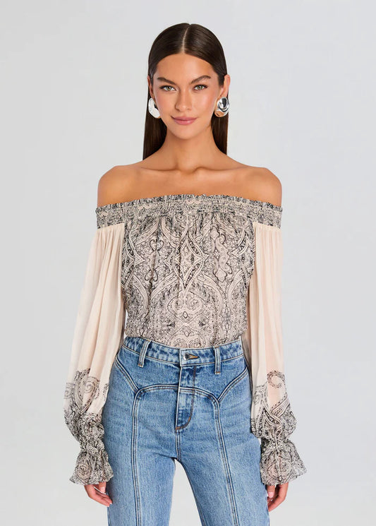 Hemant & Nandita Smocked Detail Off Shoulder Top, off the shoulder top, top, long sleeved top, women's clothing
