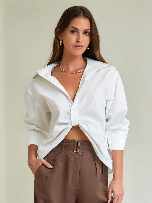 Hevron Paola top, White button-down shirt in 100% cotton poplin, fun top, white shirt, women's clothing