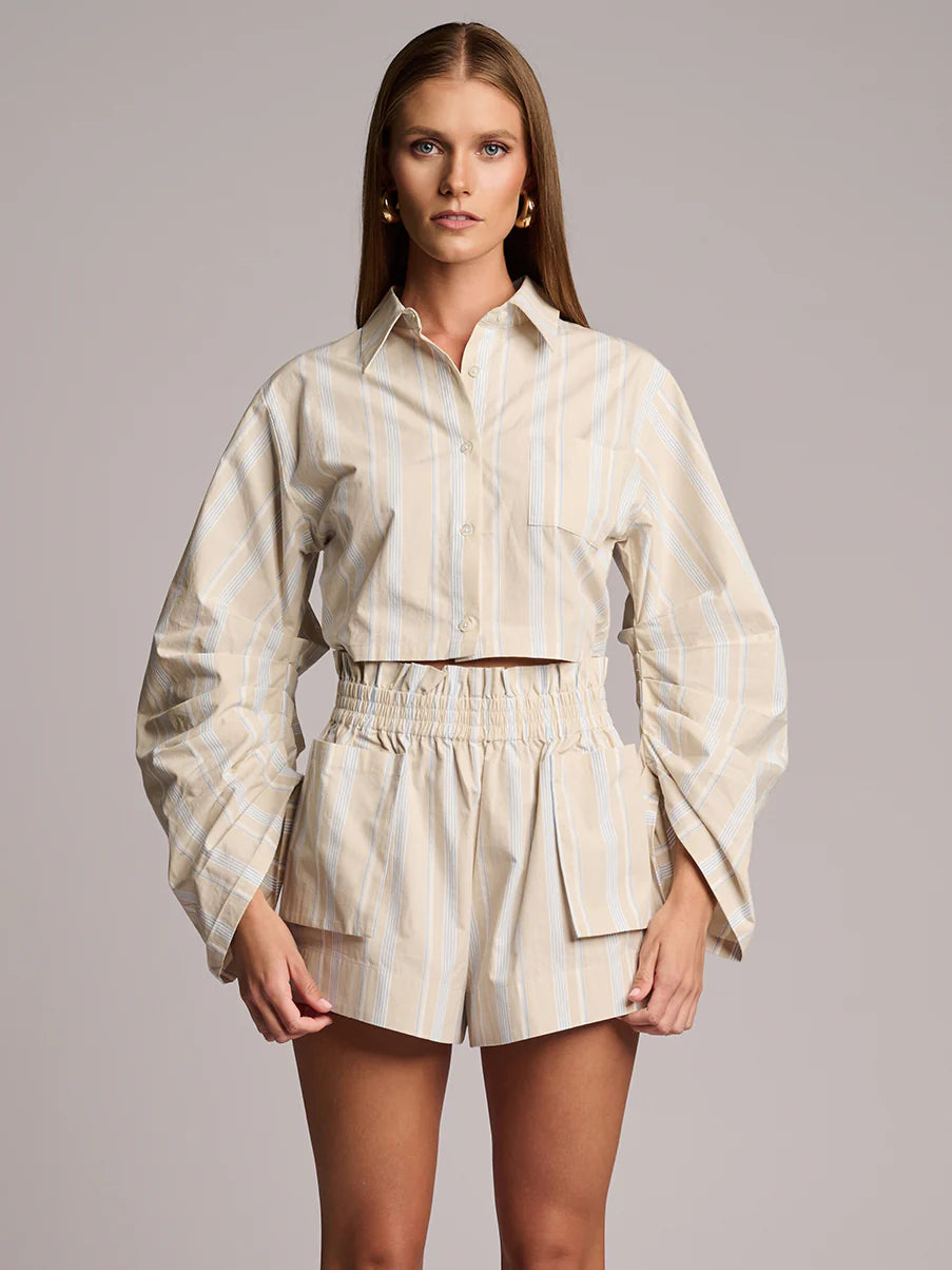 Hevron Raquel Top, Featuring pleats inside the arms and billowy sleeves, cut-out in the back with a charming tie, button-front design, women's clothing