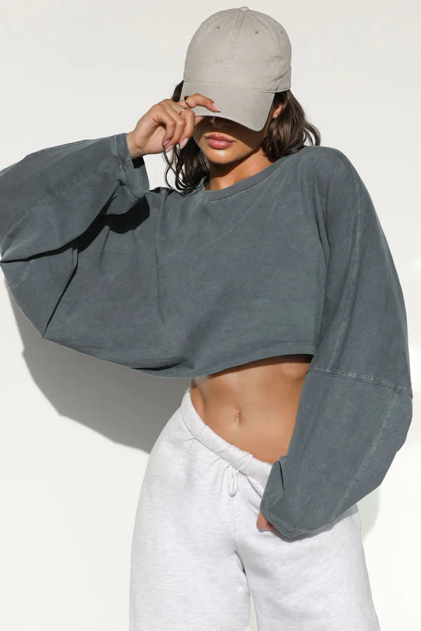 Joah Brown Slouchy Crop Long Sleeve, sweatshirt, oversized sweatshirt, cropped sweatshirt, long sleeved top, women's clothing