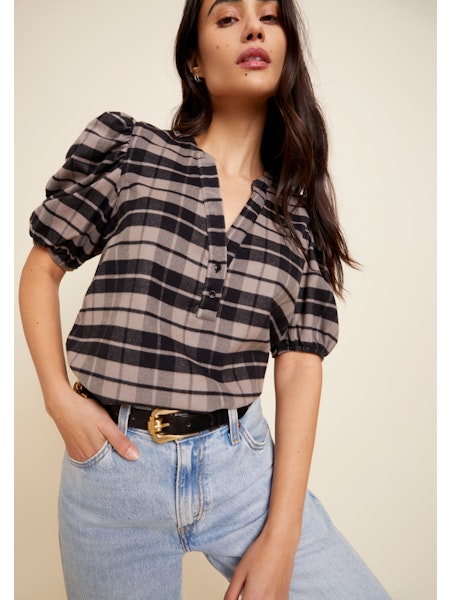 Nation Ltd Juno Puff Sleeve Blouse, plaid shirt, fun shirt, v-neck button down shirt, blouse, women's clothing