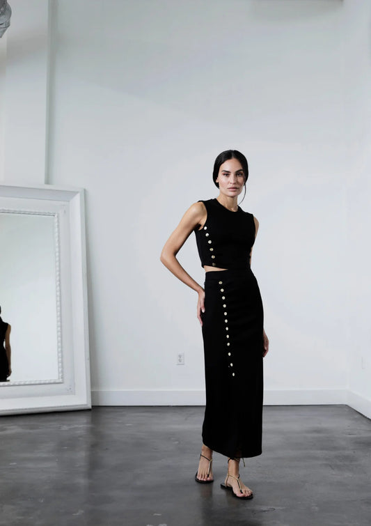 Karina Grimaldi Jade Knit Set, skirt and top set, black skirt, black top, women's clothing