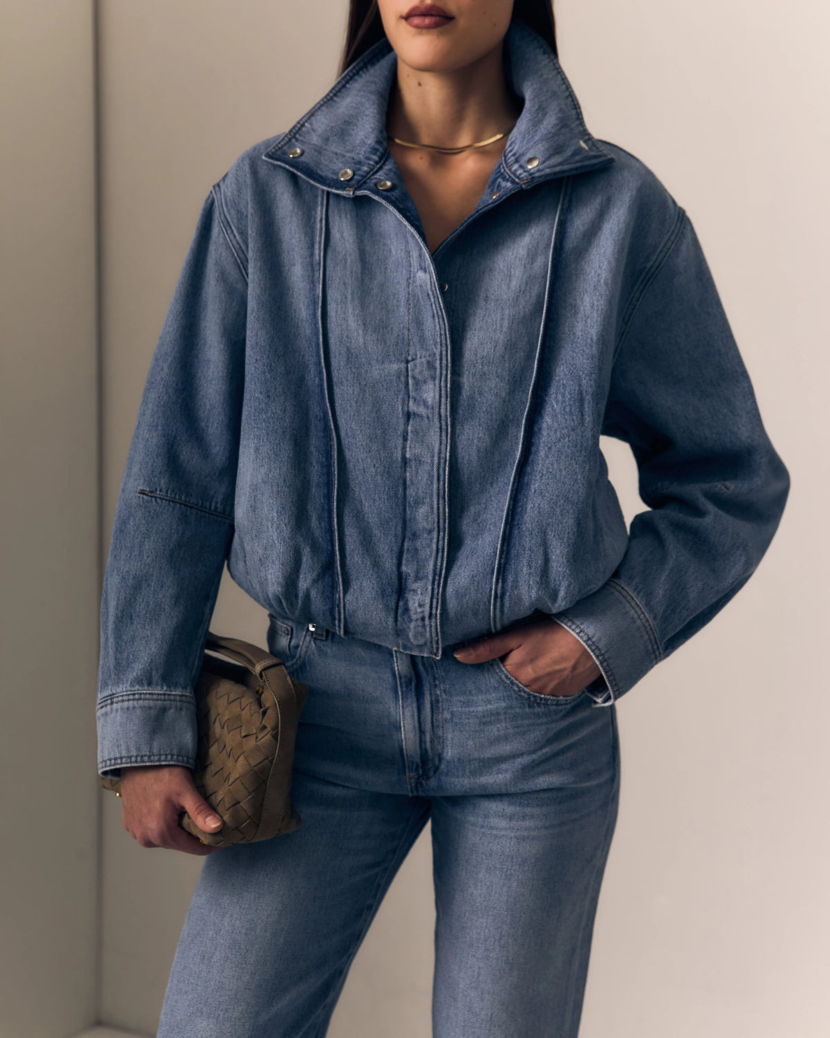 Le Jean Bubble Jacket, cropped denim jacket, denim jacket with voluminous silhouette with a statement stand collar and softly gathered hem.