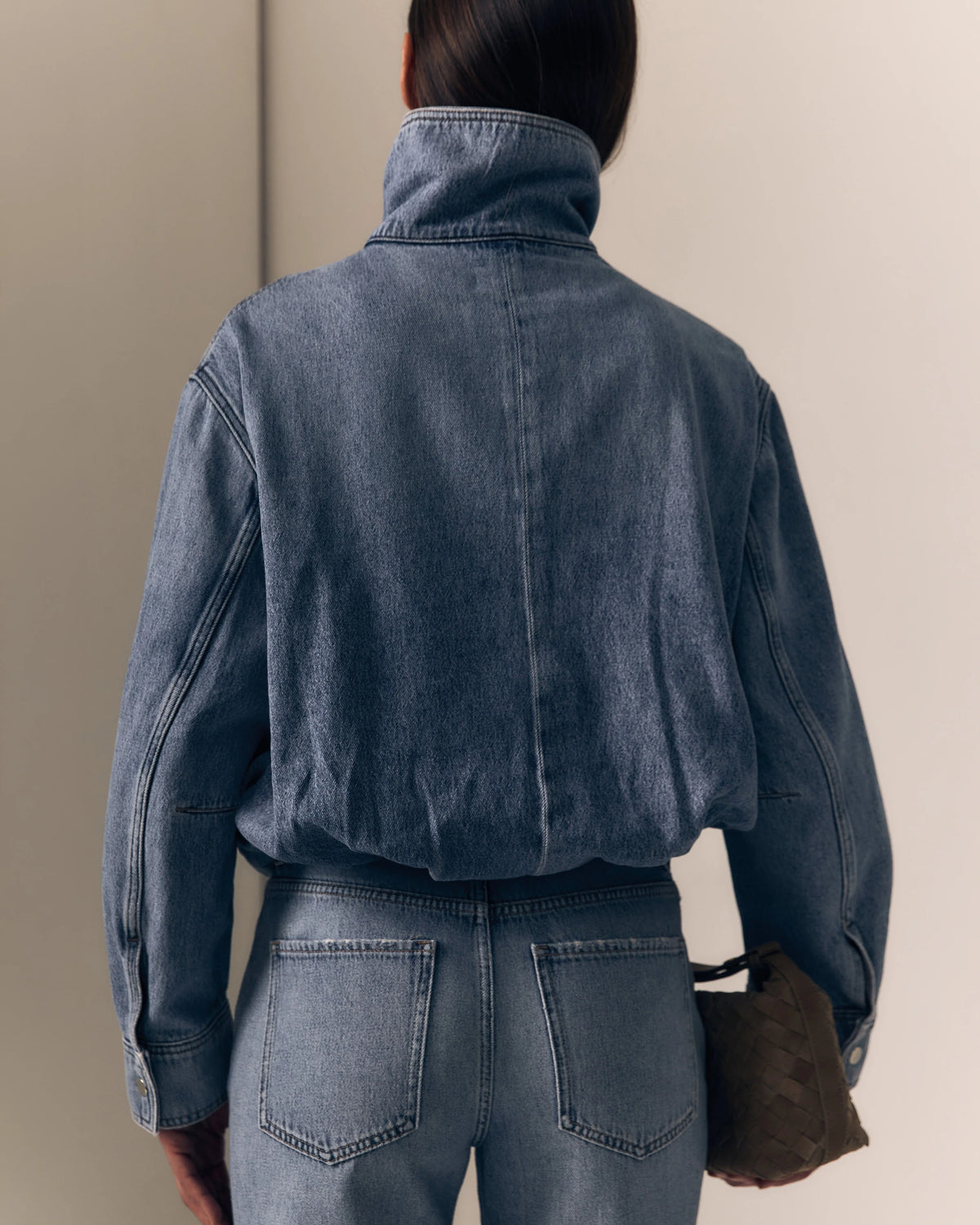 Le Jean Bubble Jacket, cropped denim jacket, denim jacket with voluminous silhouette with a statement stand collar and softly gathered hem.