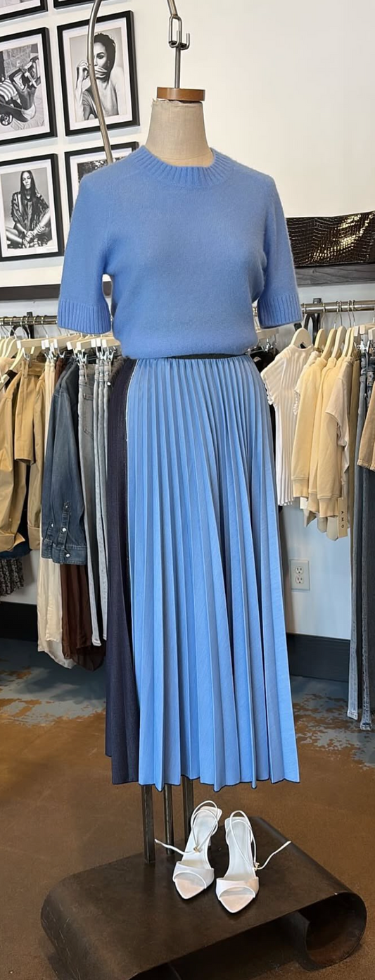 Loyd/Ford Denim 2 Tone Skirt, pleated skirt, two-tone skirt, navy & light blue skirt, midi skirt, women's clothing