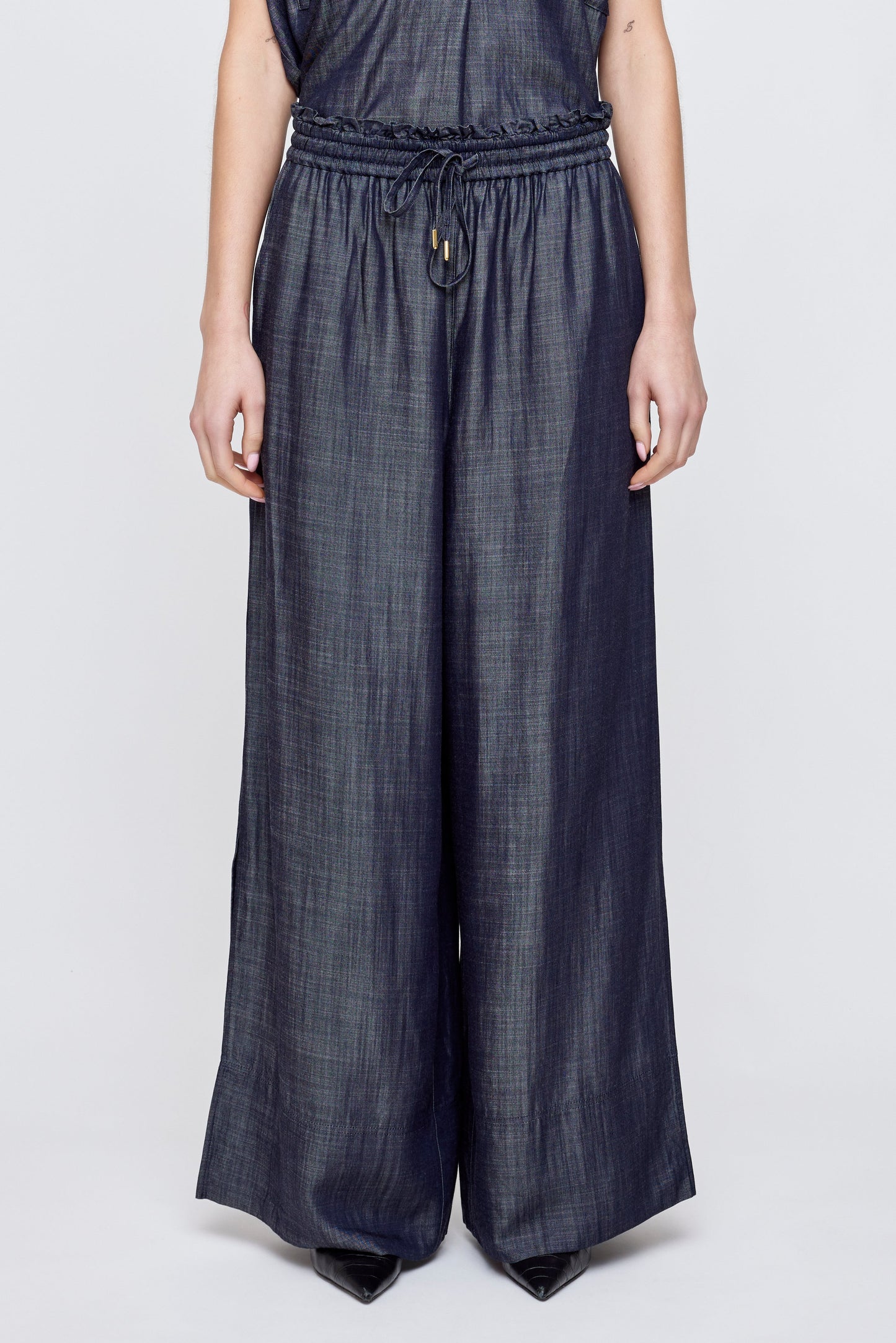 MOUSSY HIGH WAIST WIDE DENIM, High rise,  wide leg denim pant designed with an adjustable drawstring waist, women's clothing