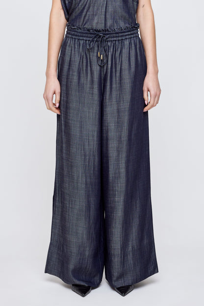 MOUSSY HIGH WAIST WIDE DENIM, High rise,  wide leg denim pant designed with an adjustable drawstring waist, women's clothing