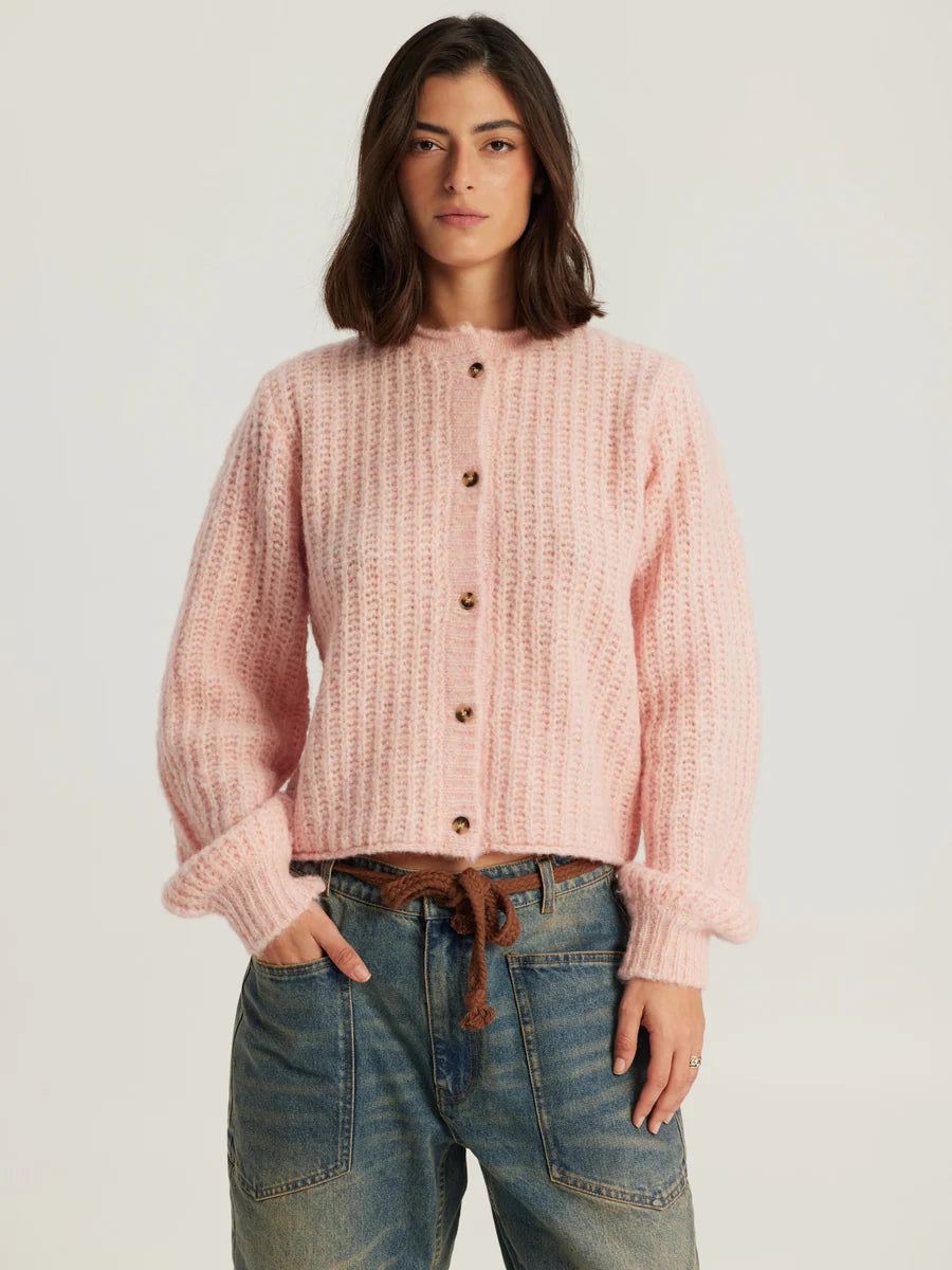 Me369 Mare Cardigan, pink button down cardigan sweater, slightly cropped sweater, women's clothing