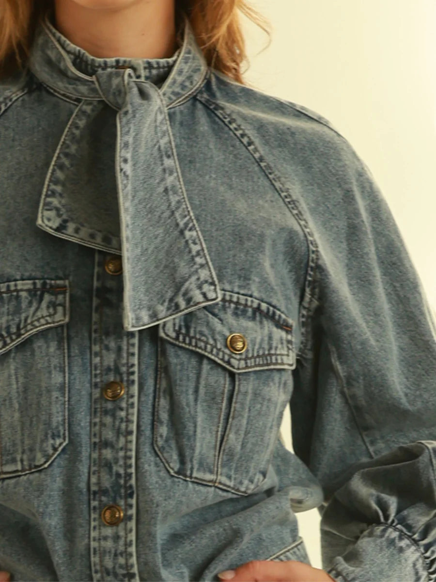 Me369 Isla Tie Neck shirt, Button down bowtie washed denim shirt, women's clothing
