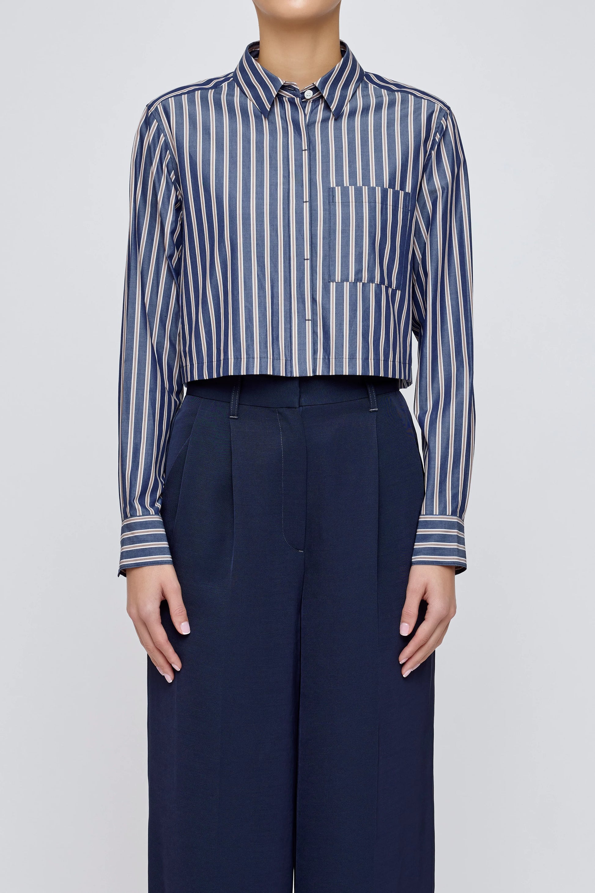 Moussy MV Basic Cropped Striped Shirt, cropped button down shirt, striped shirt, long sleeved shirt, women's clothing