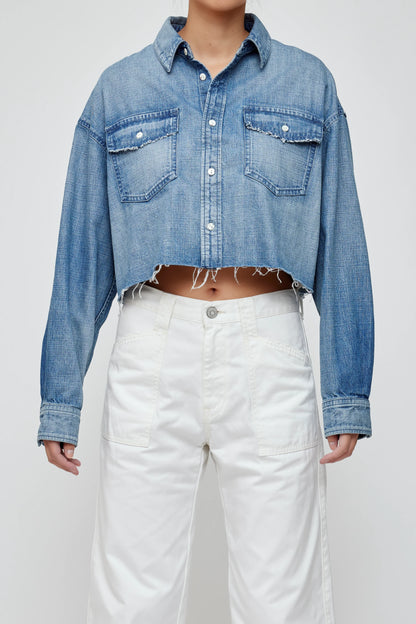 Moussy Manorhaven Cropped Shirt, cropped shirt, denim shirt, jean shirt, button down shirt, women's clothing