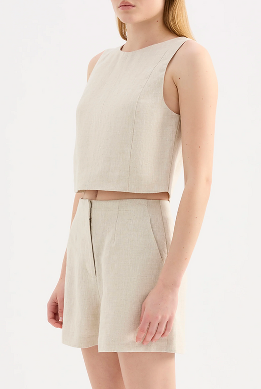 Nude Lucy Marli Linen Top, linen top, sleeveless top, asual cropped fit which finishes at the waist. Features include a wide, crew neckline and button opening at centre back, women's clothing