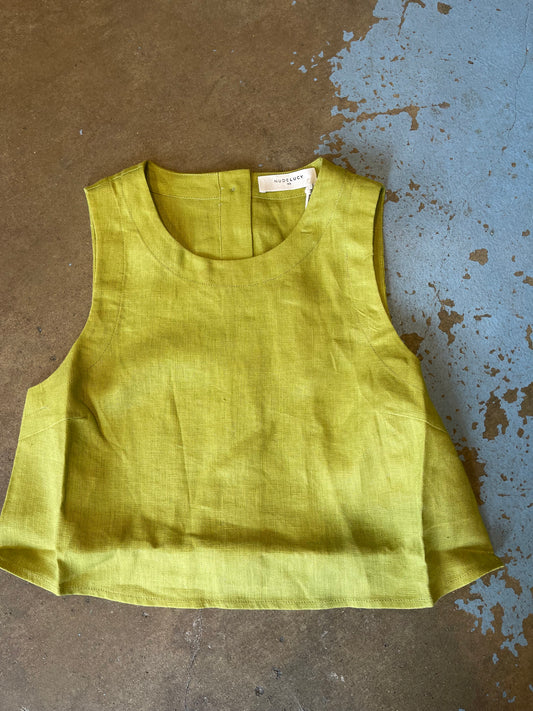 Nude Lucy Slan Linen Top, sleeveless top, matching set, ropped length and features a crew neckline and back button closure, women's clothing