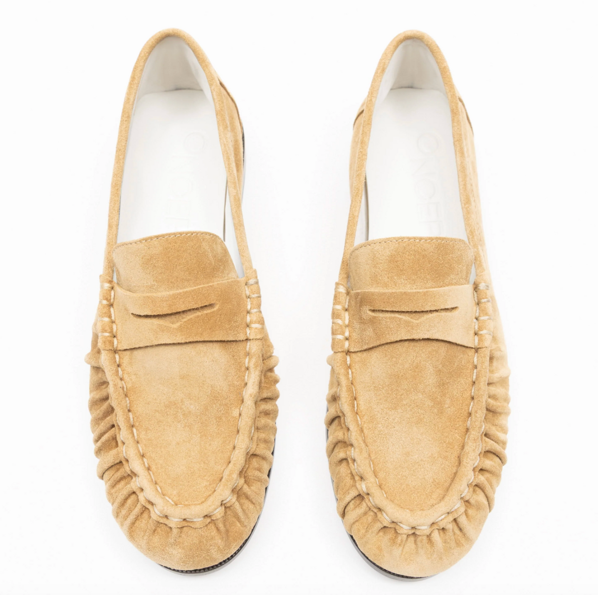 ONCEPT Dover Loafer, A tan suede moccasin loafer with gathered detailing and a dark brown sole, women's shoes