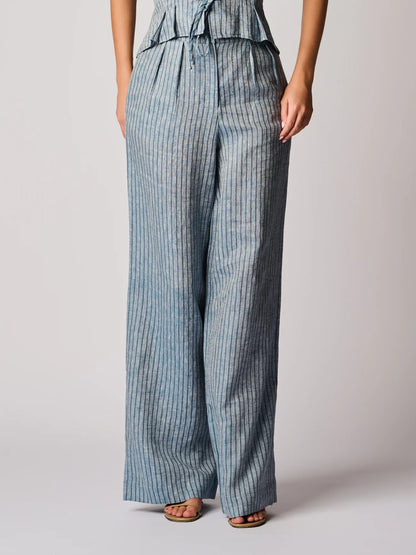 HEVRON Alina Pant, 100% linen stripe, high-rise waist, pleated front, and zip and button closure, wide-leg silhouette, women's clothing